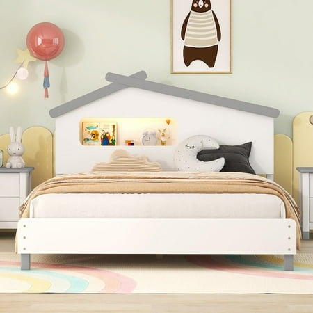 

House-shaped Wood Platform Bed with Motion Activated Night Lights Grey - Full