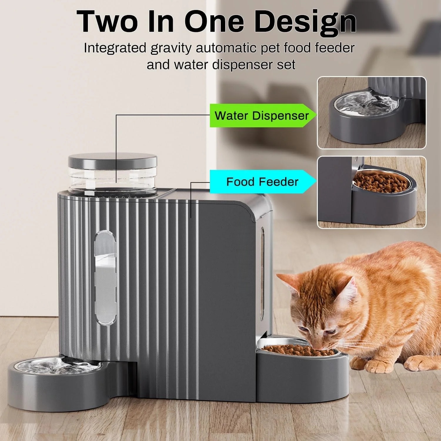Nomipaw Gravity Automatic Food Feeder and Water Dispenser, 0.8Gal Large Capacity, 2 in 1 Set, 304 Stainless Steel Bowl, Removable and washable, For All Size Dogs & Cats, Dark Gray