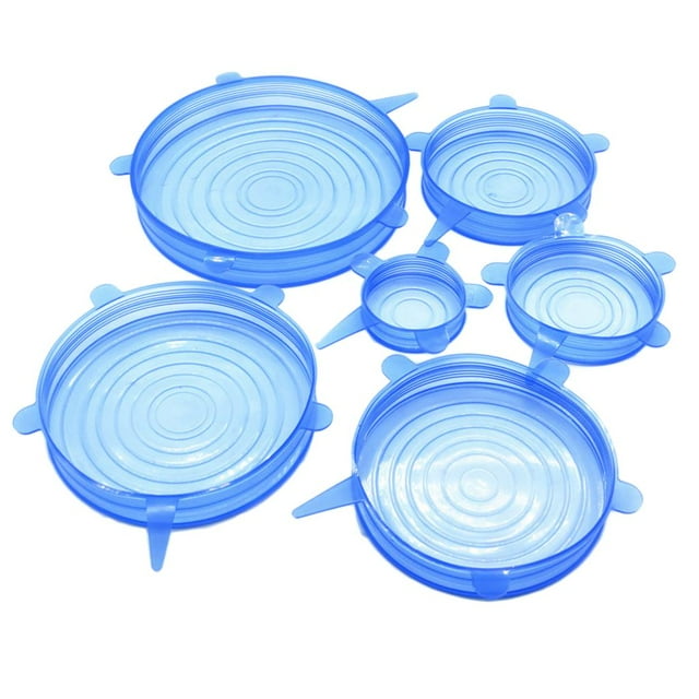 Juego de 6 tapas elásticas de silicona reutilizables para alimentos, herméticas y con cierre hermético. Azul