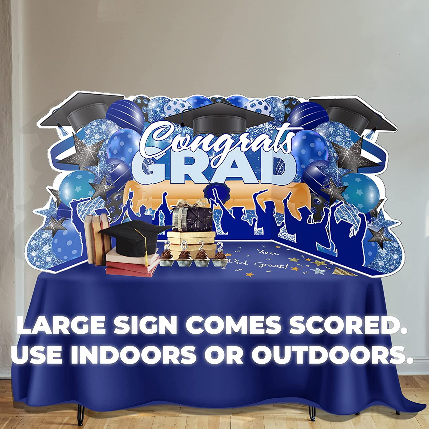 Jumbo Graduation Yard Sign Set 3x6 Feet, Congrats Grad Sign , Waterproof Corrugated Plastic, Includes Stakes (Blue)