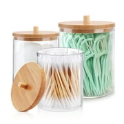Xunyu 3Pcs Acrylic Qtip Clear Bathroom Jars with Makeup Mirror Bamboo Cover, Cotton Ball and Cosmetic Cotton Holder for Bathroom Canisters and Makeup Accessories Storage