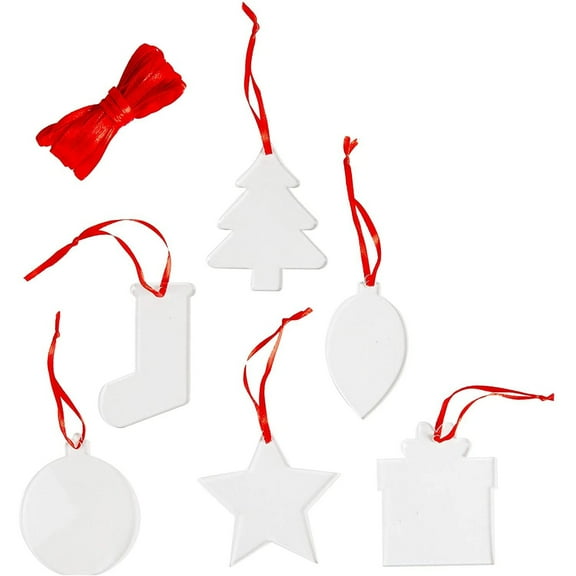 Bright Creations Acrylic Ornament Blanks - 24-Pack, 3-Inch Diameter, Clear, 6 Shapes with Red Ribbons - Paintable Ornaments for DIY Crafts & Hanging Display