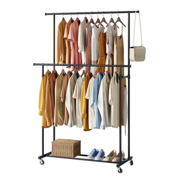 ACTDAYS Clothes Rack with Double Hanging Rod, Rolling Garment Rack with 360° Wheels for Bedroom Closet Storage, Bathroom, Laundry, Black