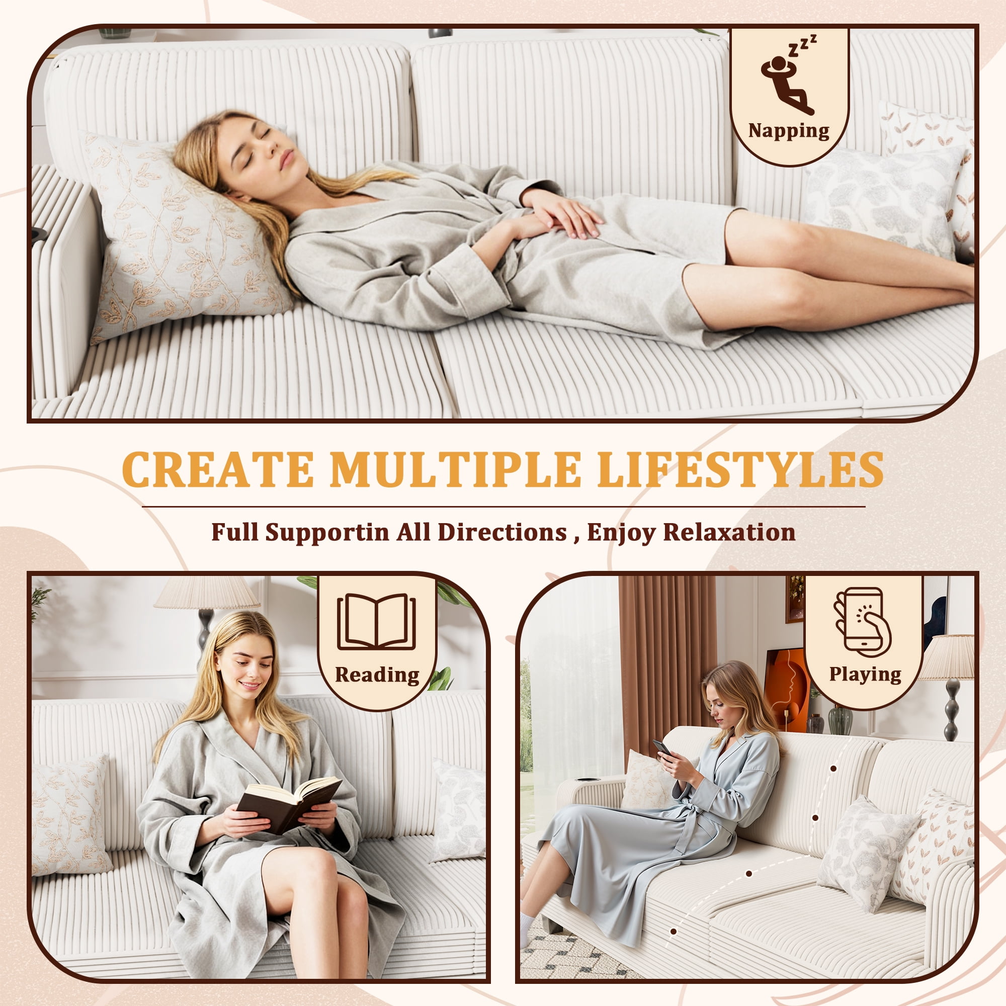 Homall 84''W Modern Sofa 3 Seat Adult Corduroy Couch with Wide Armrest Fabric Couch with USB Charging Ports for Living Room, Beige