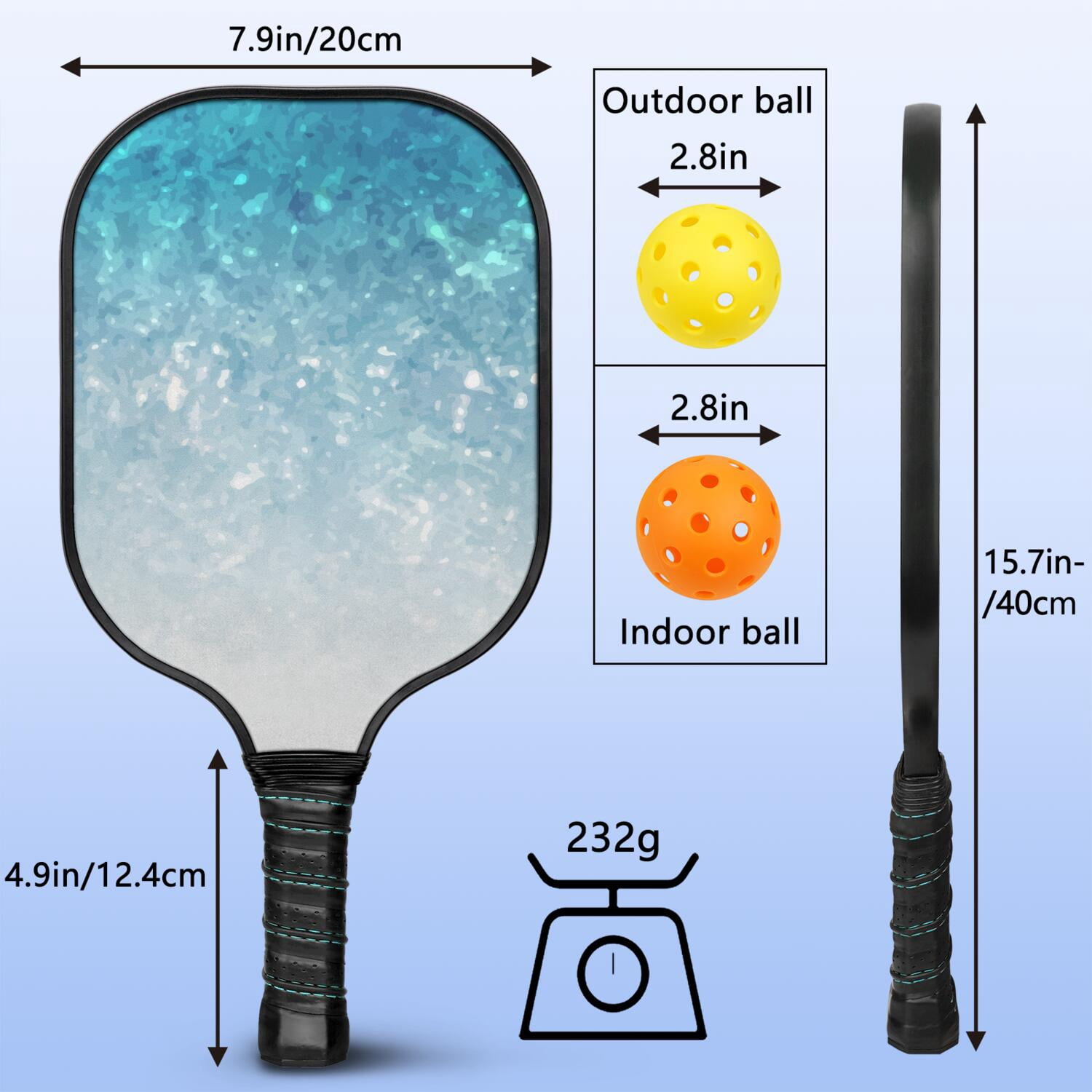 Pickleball Paddles Set Of 2, Fiberglass Surface, Ice Crystal Print, 4 Balls & Bag