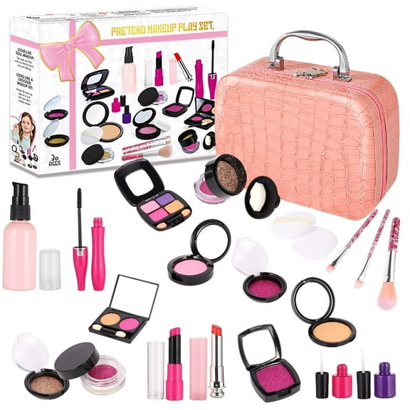 TiokMc My First Princess Pretend Play Makeup Kit – 19-Piece Kids Not Real Makeup Set for Girls with Lipsticks, Eye Shadows, Brushes, Glitter Pots & Storage Bag