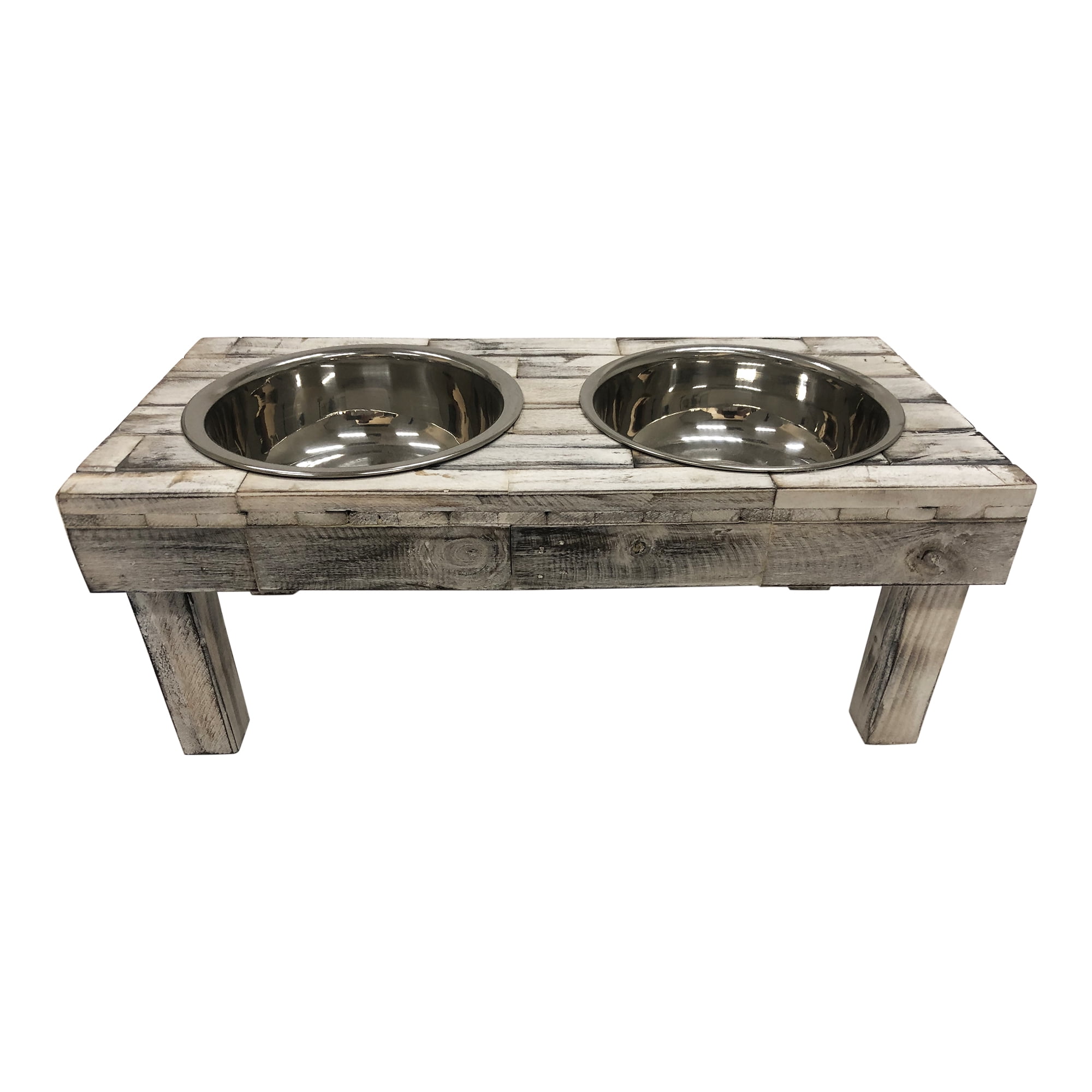 Huntley Pet Berjen Table Elevated Double Bowl Pet Feeder, White Wash (Small)