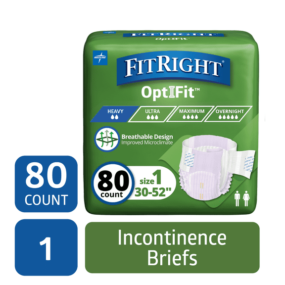 FitRight Overnight Stretch Adult Incontinence Briefs, Diapers with Tab, Moderate Absorbency, Size 1, 30in to 52in, 80 Count