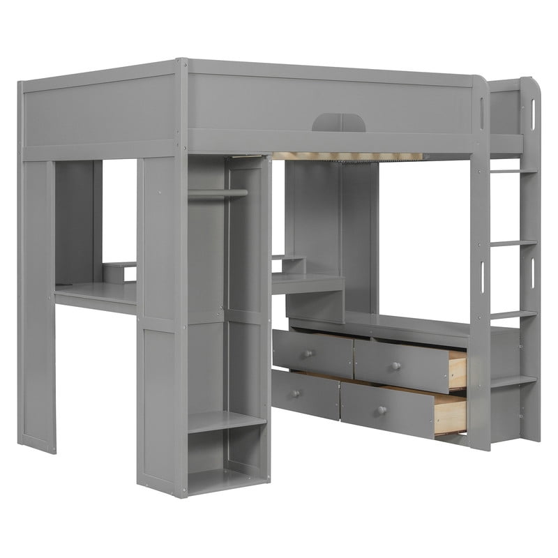 Full Versatile Loft Bed with L-Shaped Desk, LED Light Strip & Charging Station, Storage Kids Bed Frame with Drawers & Wardrobe