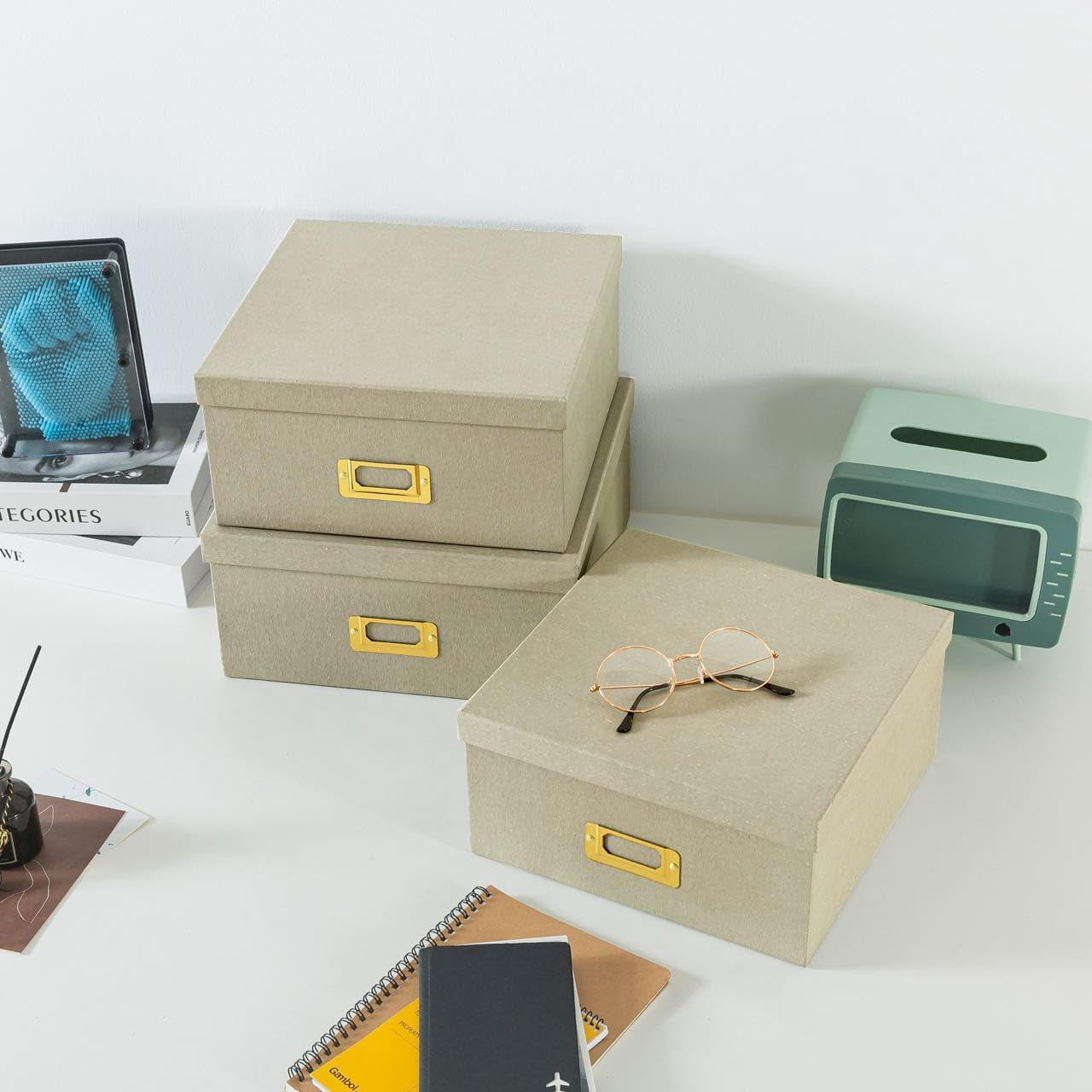 Square Stacking Boxes with Lids and Gold Label Holders, Decorative Photo Storage, Nesting Cardboard Set for Decor and Organizing