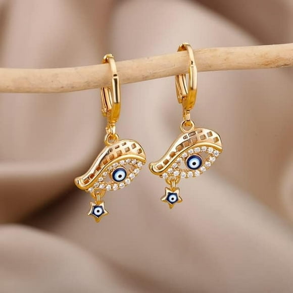 Lucky Evil Eye Earrings for Women,Turkish Blue Lucky Eyes Drop Earrings,Gold Color