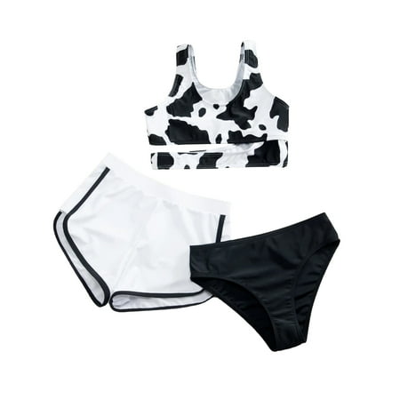 3 Piece Swimsuits For Girls Toddler Padded Bikini Sets Bathing Suit Cow Print Swimwear Cover Up With Shorts