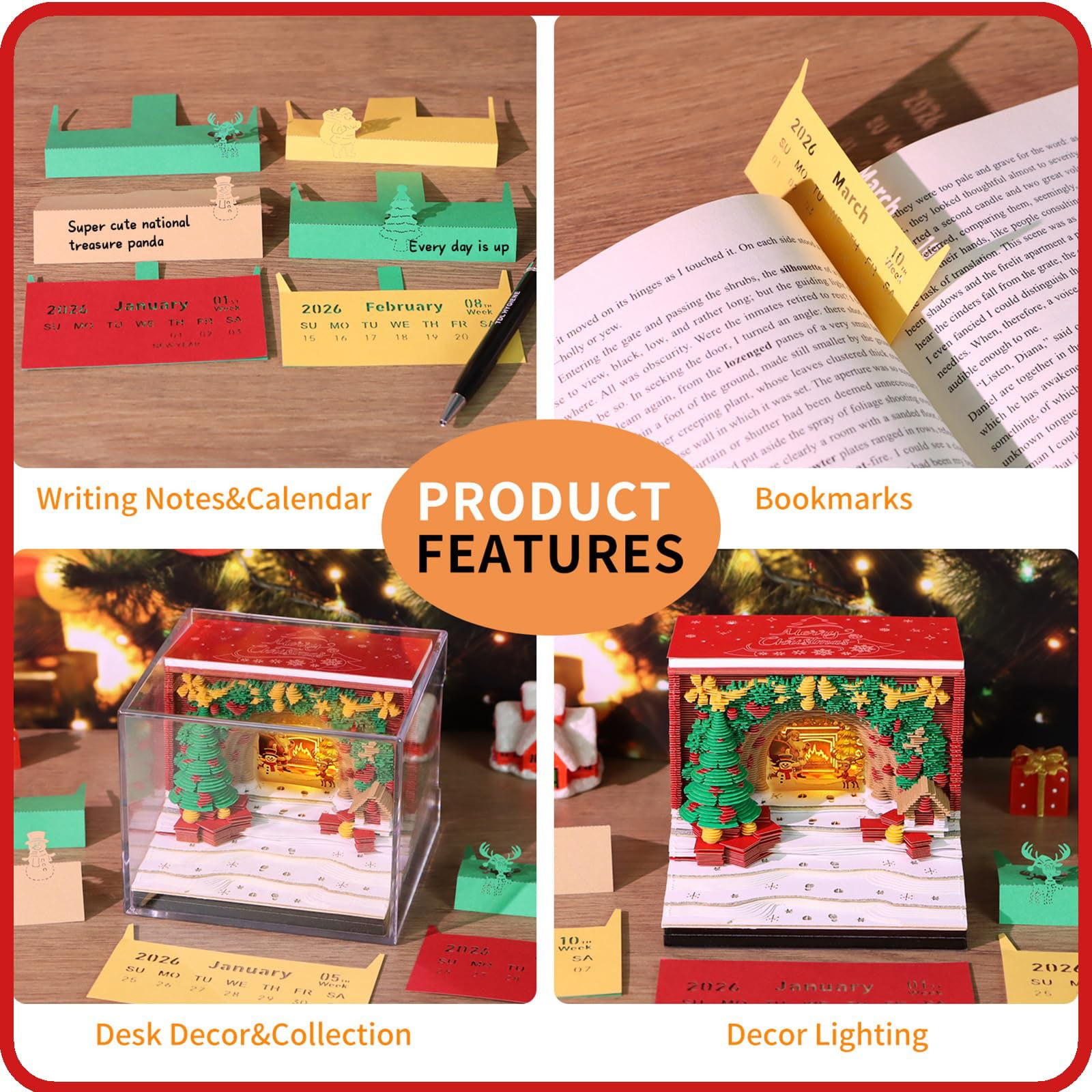 BNNG 2026 Time Piece Calendar 3D Castle Desk Calendar with LED Lights Memo Pad Paper Tear Away Carving Art Notepad Gift for Thanksgiving Christmas Housewarming Office Desktop Decoration