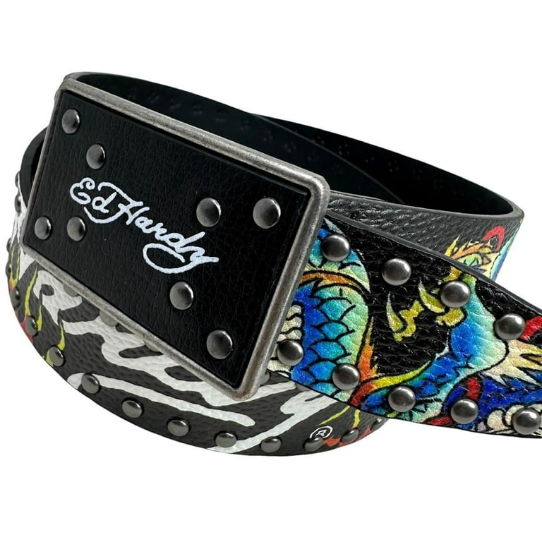 【ellxxxxx】Ed Hardy スタッズ 毛皮 レザー ベルト Ed Hardy Men's Dragon Tattoo Rivet Studs Black Belt With Plaque