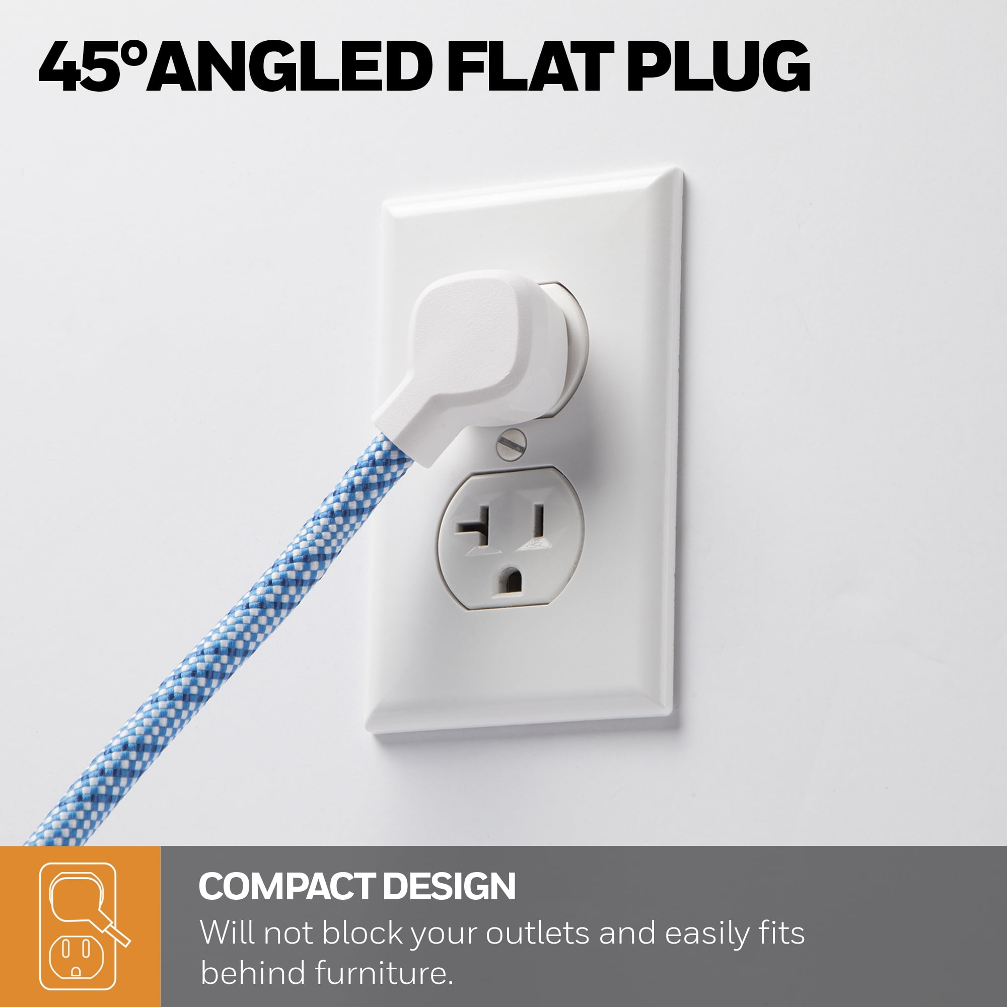 Honeywell 3 ft. Fabric Power Strip with 2 AC & 2 USB Ports (2.1A), 45° Angled Flat Plug (Blue/White)