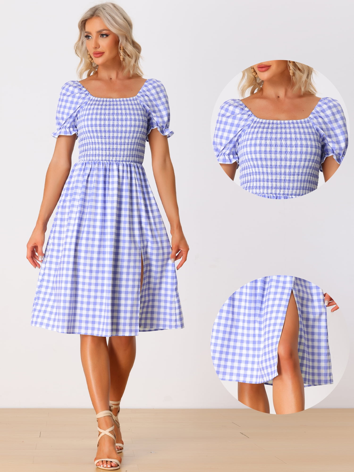 Unique Bargains Women's Gingham Short Sleeve Casual Plaid Smocked Dress XS Purple