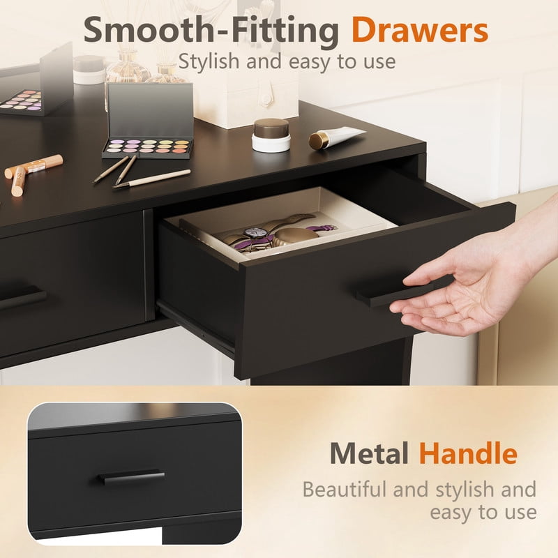 Vineego Vanity Set with Mirror & Light, Makeup Vanity with 2 Drawers, Vanity Desk with Storage Stool for Bedroom, Black