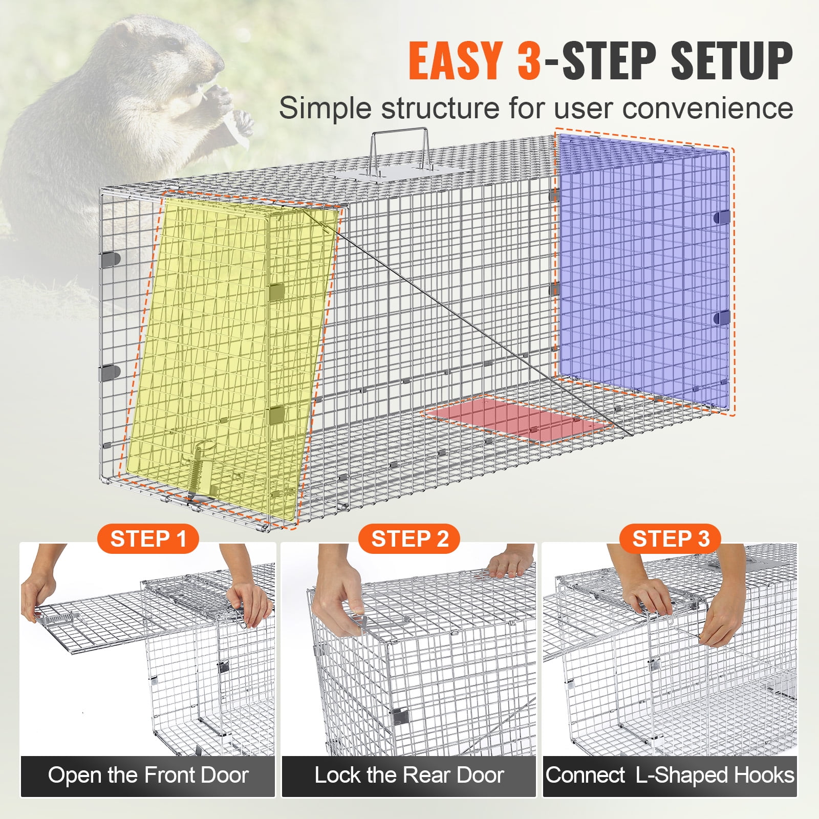 VEVOR Humane Live Animal Trap, Dimensions 50" x 20" x 26", Crafted from Galvanized Iron, Collapsible Design with Carrying Handle for Capturing Stray Dogs, Armadillos, Raccoons, Marmots, and Foxes