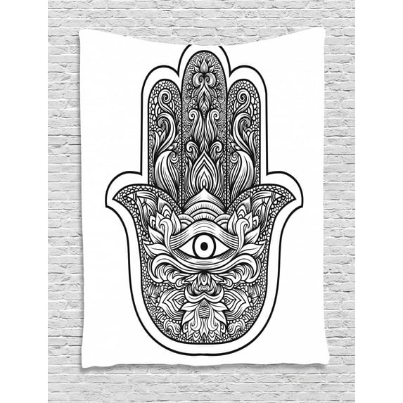 Hamsa Tapestry, Boho Chic Style Line Art Religious Mascot with Third Eye Ethnic Mehndi Tattoo, Wall Hanging for Bedroom Living Room Dorm Decor, Black and White, by Ambesonne