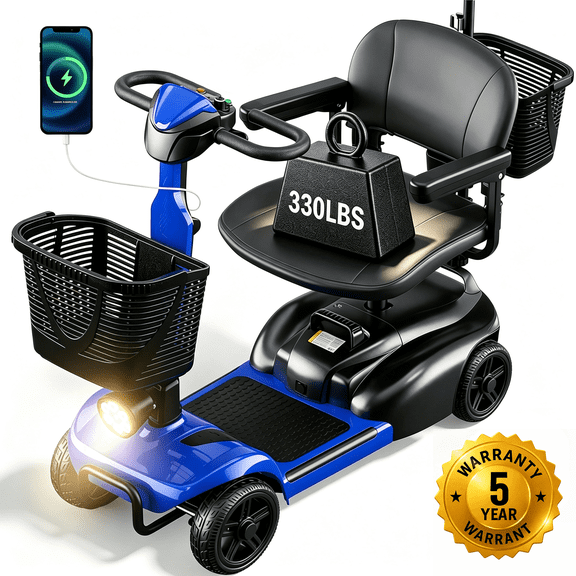 SACVON 4 Wheel Mobility Scooter for Seniors, with 330 lbs Capacity, 250W Motor, Long Battery Life, Comfort Swivel Seat, Detachable Dual Baskets, USB Port & LED Light, Blue