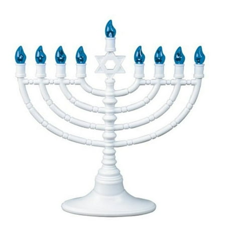 rite lite white plastic electric led low voltage menorah with blue bulbs
