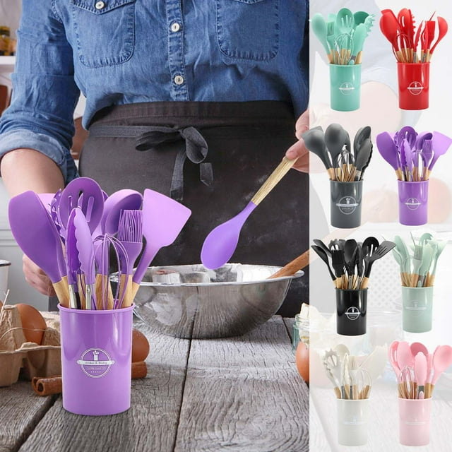 Non-Stick Kitchen Utensil Set 12-Piece Wooden Handle Cooking Tools Heat Resistant to 450°F BPA-Free Easy Clean Flexible Scrapers Kitchenware Storage Bucket