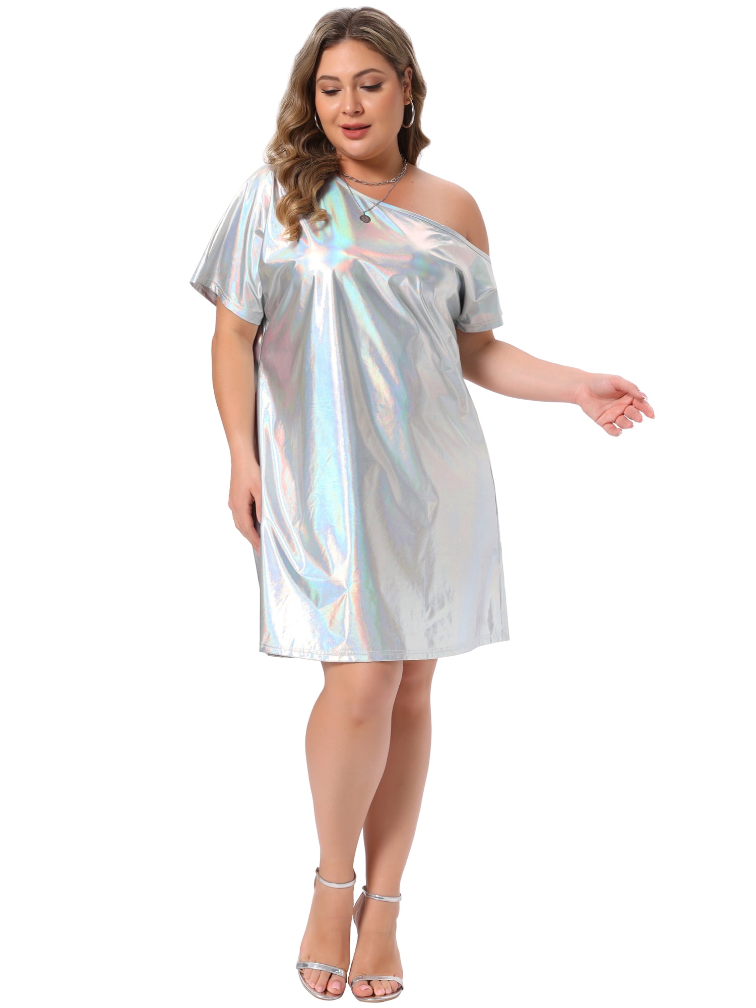 DARING DIVA Women's Plus Metallic Off the Shoulder Party Clubwear 4X Silver