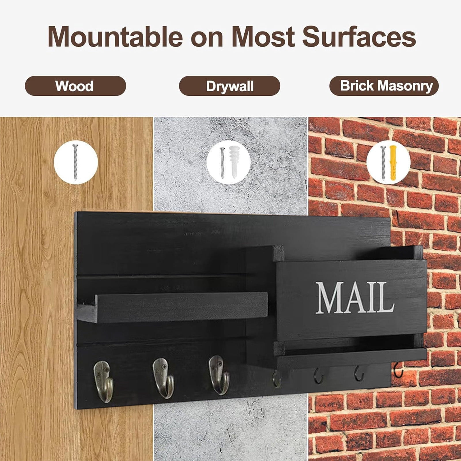 PONPRNGY Mail Organizer for Wall Mount – Key Holder with Shelf Includes Letter Holder and Hooks for Hallway Farmhouse Decor – Rustic Wood with Flush Mounting Hardware