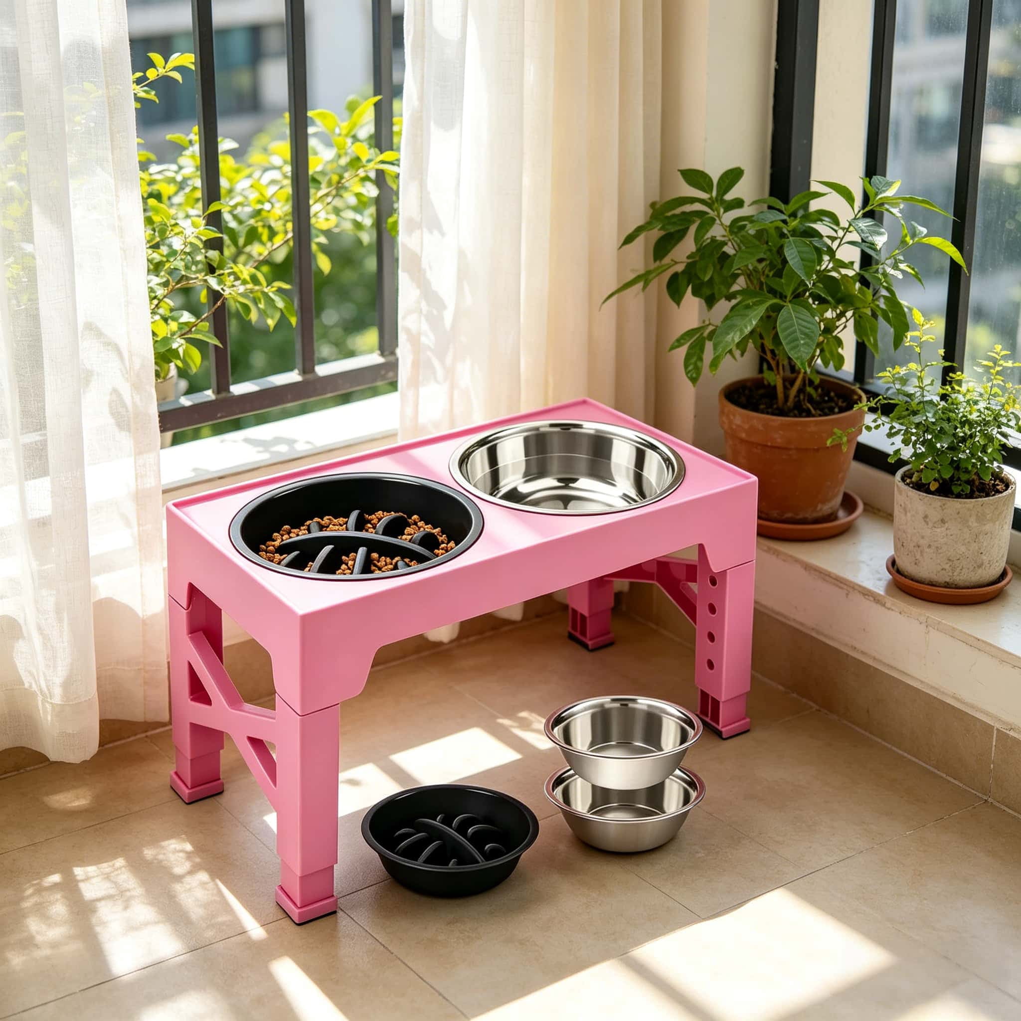 Ceenwes The height-adjustable pet high stand dog bowl with 5 adjustable heights comes with 2 stainless steel dog water bowls and 1 slow feeding dog bowl, suitable for small, medium and large dogs