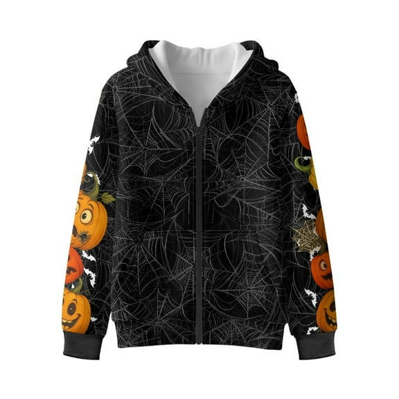 Xixirimido Jack-O-Lantern Spider Web Halloween Printed Kids Hoodies for Boys Girls Zip Up Hoodie Sweatshirt 3D Graphic Long Sleeve Pullover Top with Pocket for Fall Winter for 6-8 Years