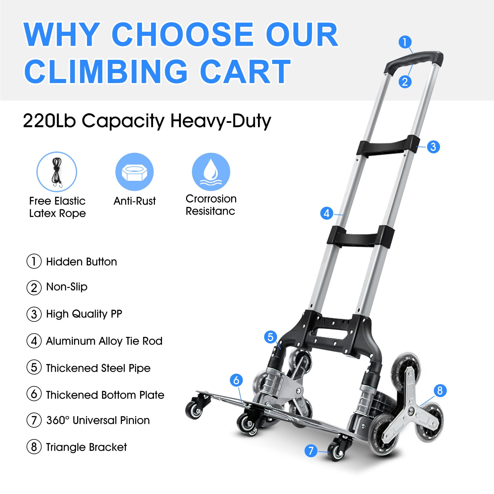 Stair Climbing Cart, 220 lbs Capacity, Foldable Heavy-Duty Hand Truck with 33.8-41.7 inch Adjustable Handle Height, 4 Universal Wheels & Elastic Ropes, Multipurpose Dolly for Warehouse Shopping