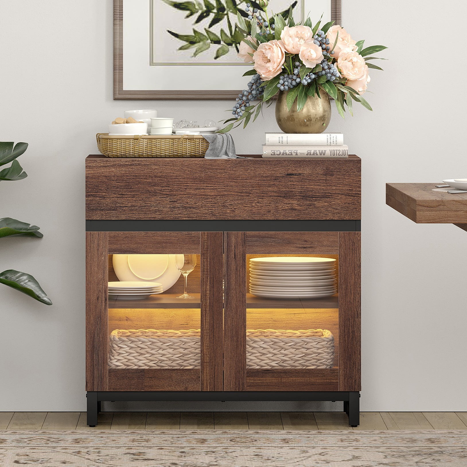 Modern Sideboard Buffet Cabinet with Glass Door & 1 Drawer, Adjustable Shelf Credenza, Coffee Bar Storage Cabinet for Living Room & Kitchen,Brown