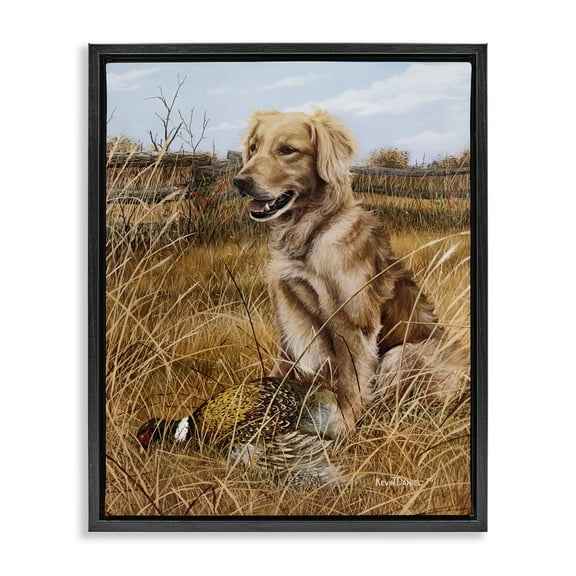 Stupell Industries Hunting Dog & Pheasant Animals Painting Black Floater Framed Canvas Art Print Wall Art, 17 x 21