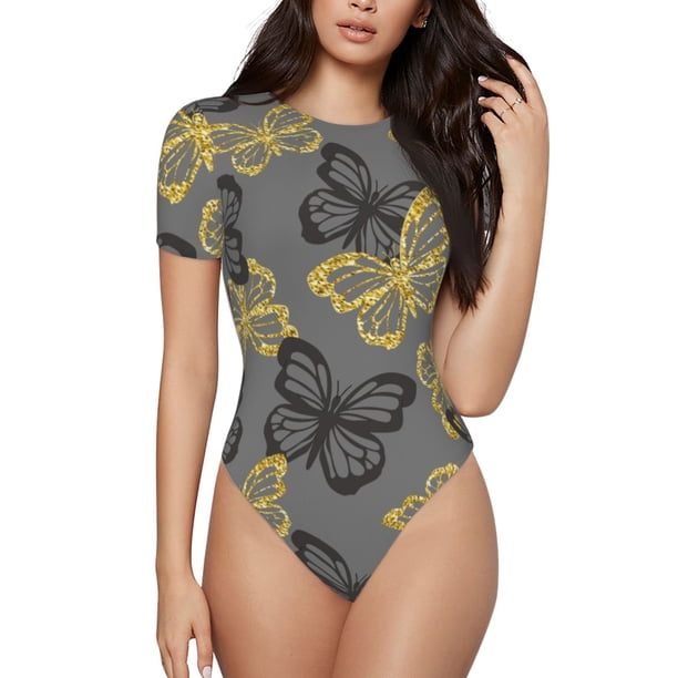 Fotbe Golden Glitter Butterflies Body de Mujer con Cuello Redondo y Mangas Cortas, Sin Mangas Ajustado, Suave, Cómodo y Básico-Small