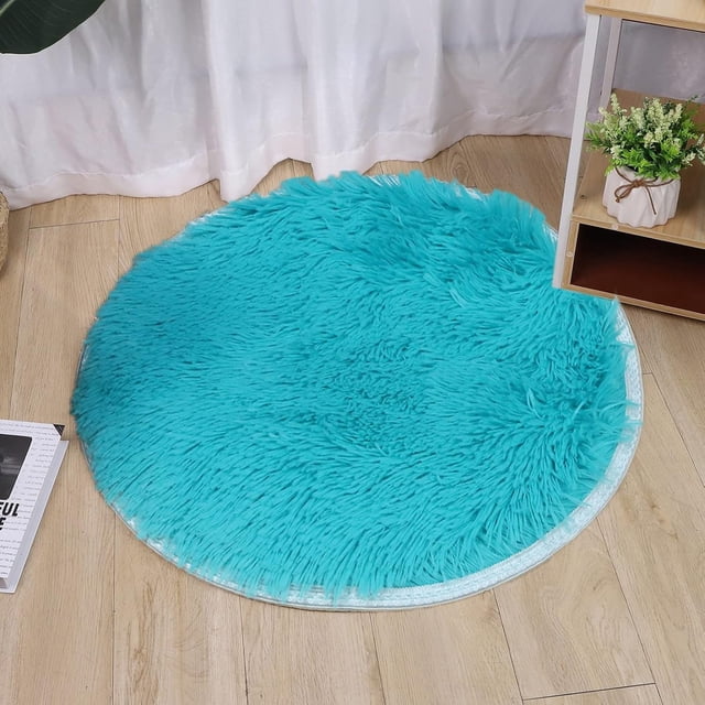 Blue Round Rug Faux Fur Sheepskin Area Rugs Fluffy Plush Carpet Washable Shaggy Mat for Living Room Bedroom Home Decor, 2.6 ft