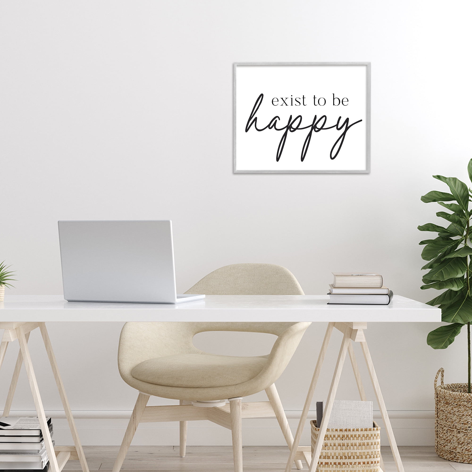 Exist To Be Happy Gray Framed Giclee Art, design by Lettered and Lined