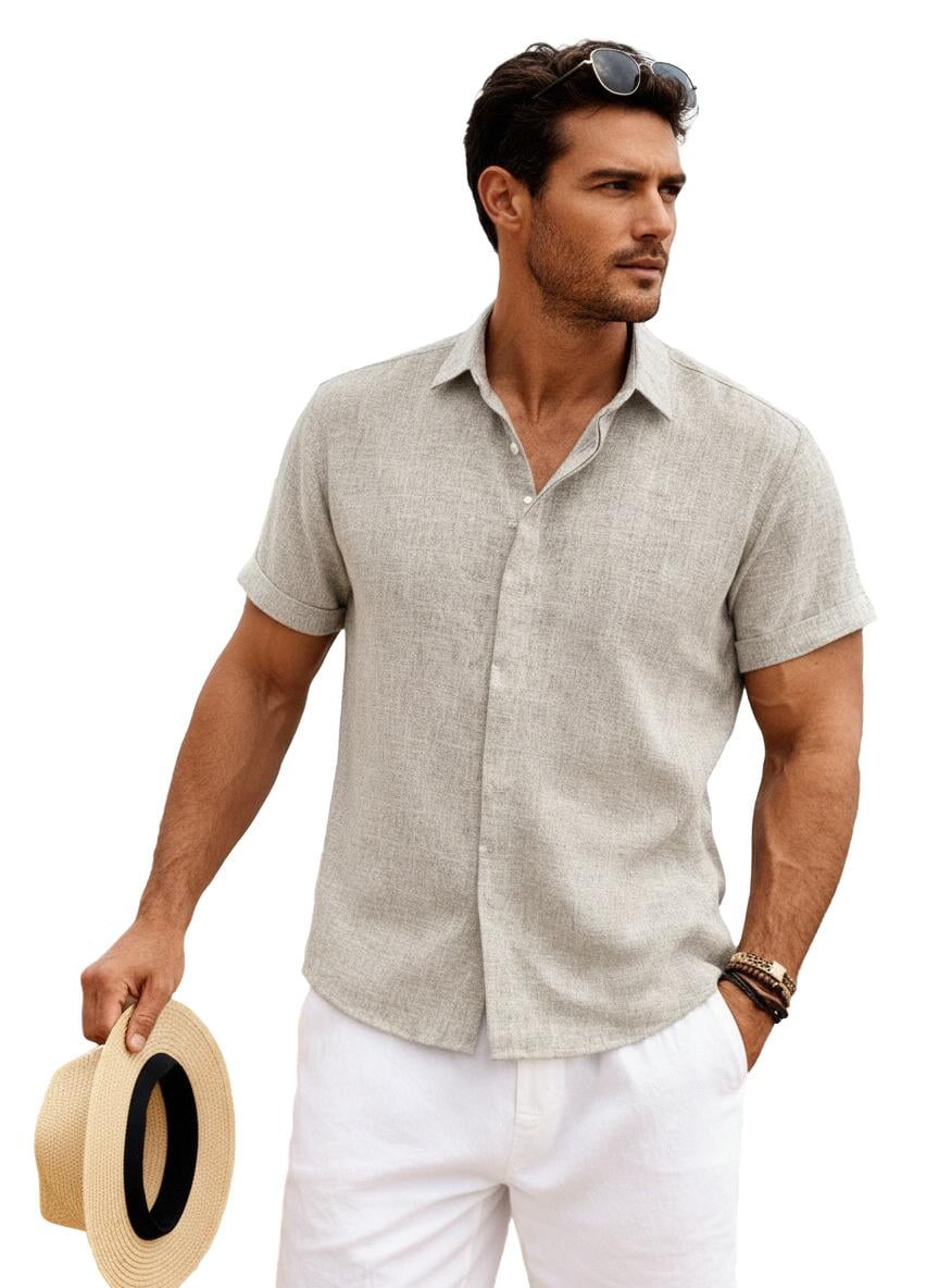 COOFANDY Men's Linen Shirts Short Sleeve Casual Shirts Button Down Shirt for Men Beach Summer Wedding Shirt Black