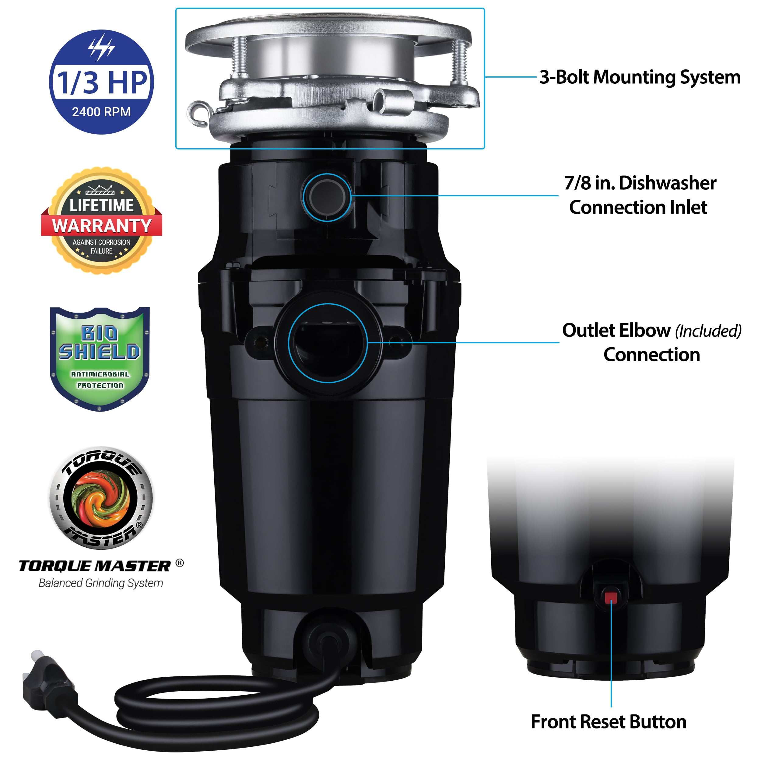 Waste Maid 1/3 HP Continuous Feed Corded Garbage Disposal 10-US-WM-048-3B