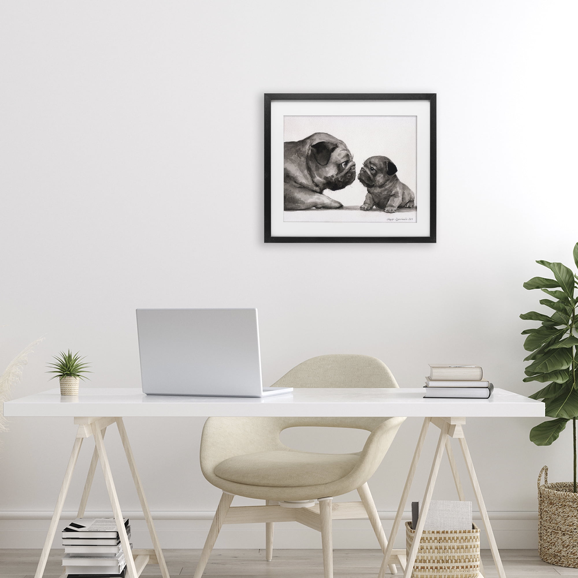 Stupell Industries Pug And Her Puppy Black Framed Print Under Glass, design by George Dyachenko