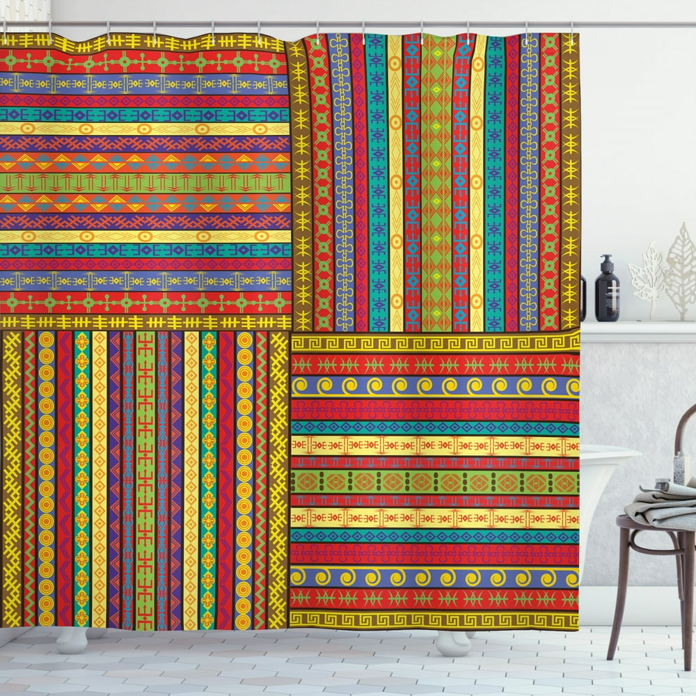 African Shower Curtain, Set of Ethnic Borders Pattern Old Fashioned