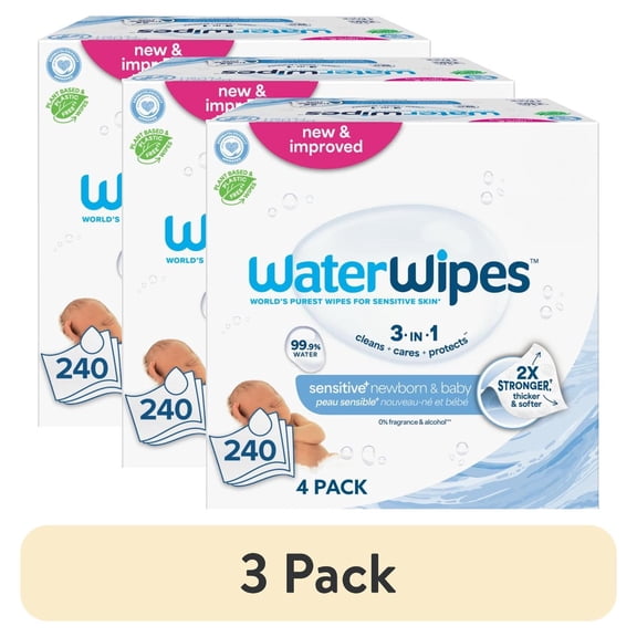 (3 pack) WaterWipes Sensitive Newborn & Baby Wipes, 3-In-1 Cleans, Cares, Protects, 99.9% Water, Unscented & Hypoallergenic, 4 Packs (240 Wipes)