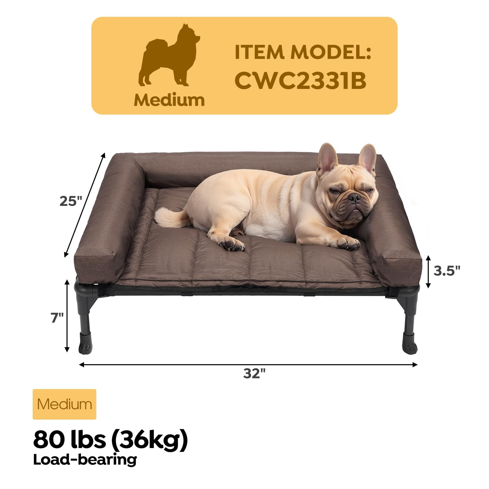 Elevated Dog Bed Add Removable Waterproof Bolster Cushion Mat  Raised Pet With Breathable Teslin Mesh No-slip Feet Sofa For Indoor Outdoor Medium Brown Cwc2331b