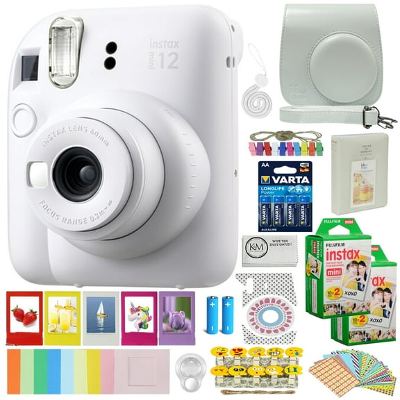 FUJIFILM INSTAX MINI 12 Instant Film Camera |Clay White Bundled with INSTAX Mini Instant Film | 20 Exposures   Instax 8-in-1 Caiul Bundle   Varta AA Batteries   Microfiber Cleaning Cloth (5 Items)