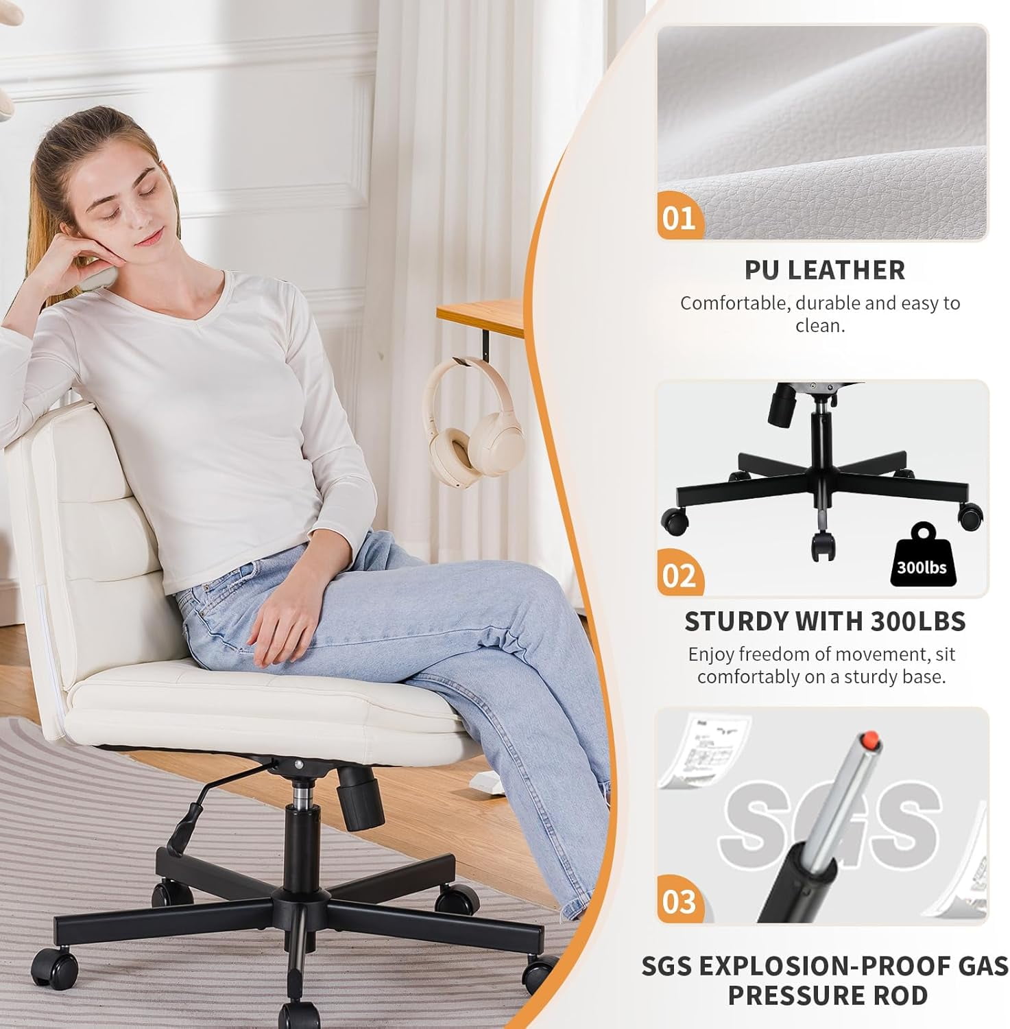 COMHOMA Armless Office Desk Chair, Criss Cross Chair with Wheels, PU Leather Padded Cross Legged Office Chair, Wide Seat Adult Vanity Chair for Home Office , Beige
