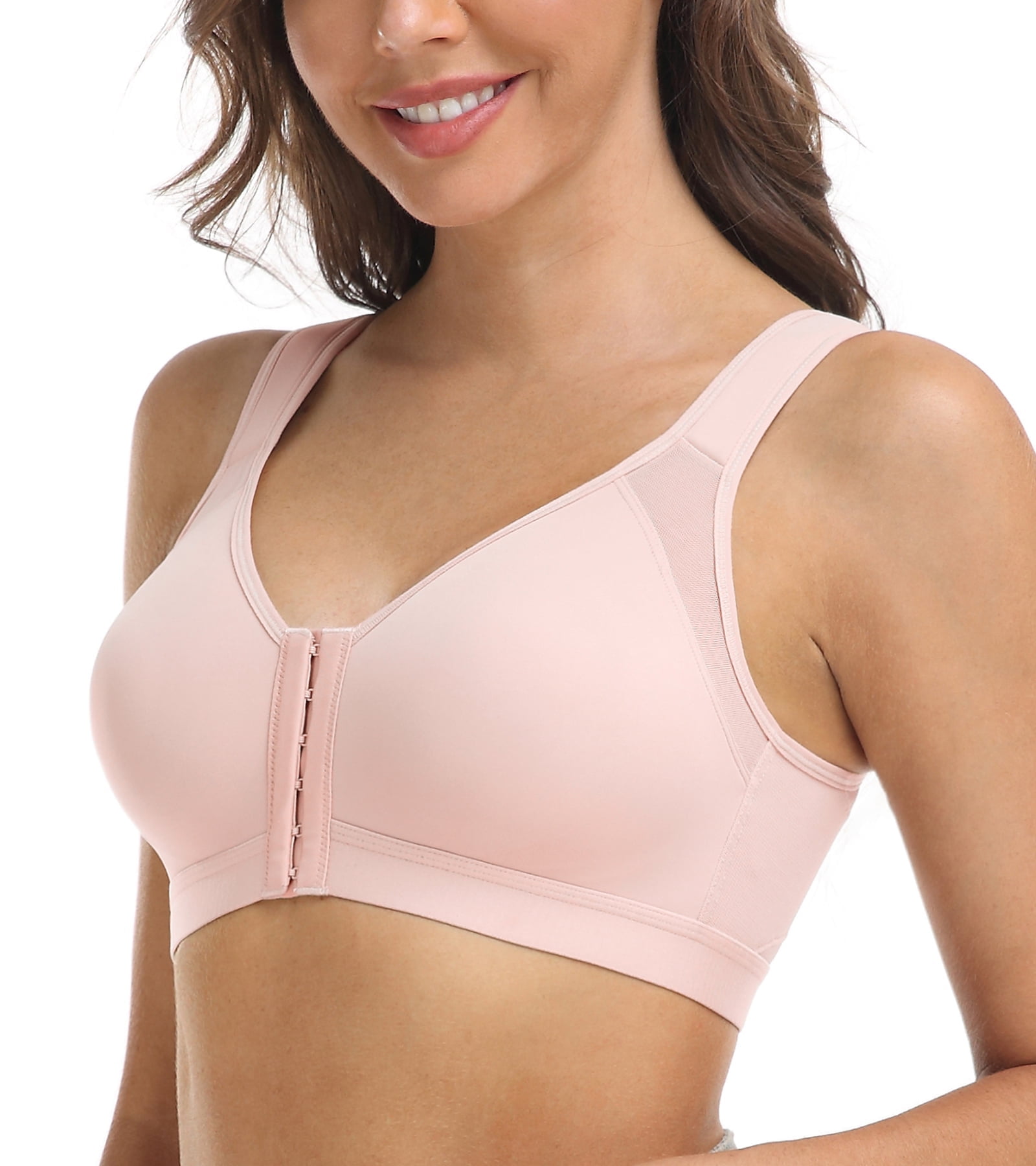 Exerin Women's Back Support Front Closure Bra Full Coverage Non Padded Wirefree(Pink,32DD)