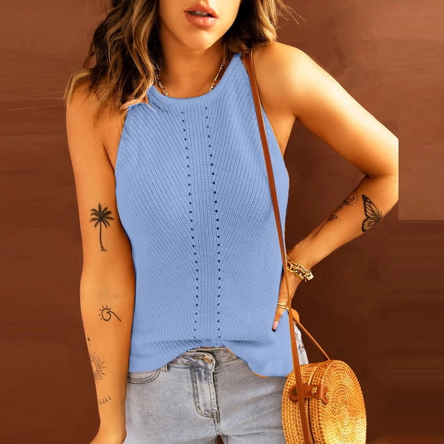 LSLJS Débardeur à Bretelles Spaghetti pour Femmes, Décontracté, Sans Manches, Col Halter, Blouse, Gilet