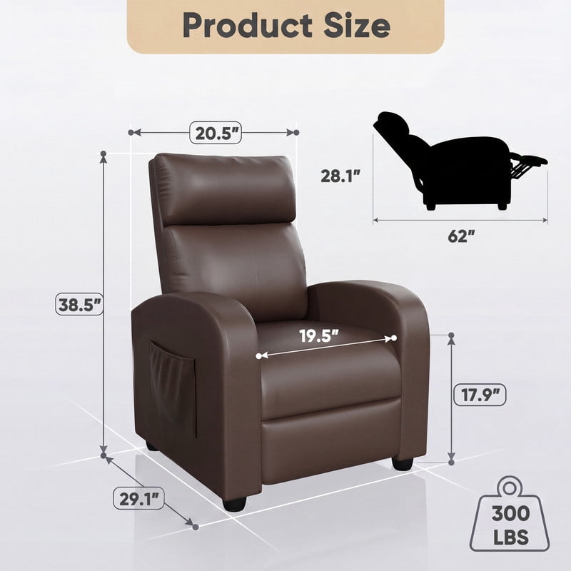 Vineego Massage PU Leather Recliner Adjustable Home Theater Seating Chair with Lumbar Support for Living Room,PU Brown