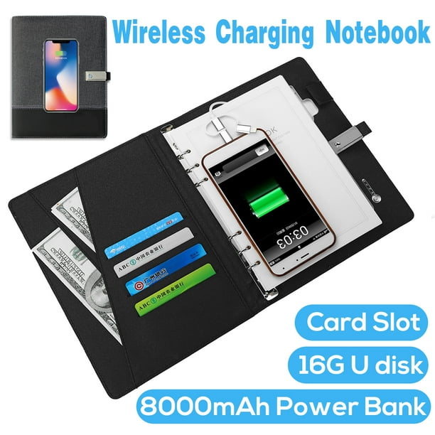 8000mAh Business Notebook QI Wireless Charger USB Power Bank + 16GB Flash 