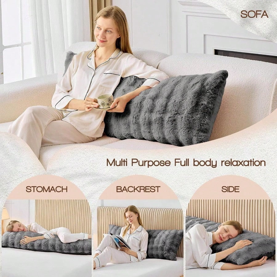 Faux Fur Fluffy Body Pillow for Adults - Firm Body Pillow Insert with Shredded Blue Memory Foam Adjustable Height Soft port for Side Sleepers Pregnant Women Washable 20x54 Inch Grey