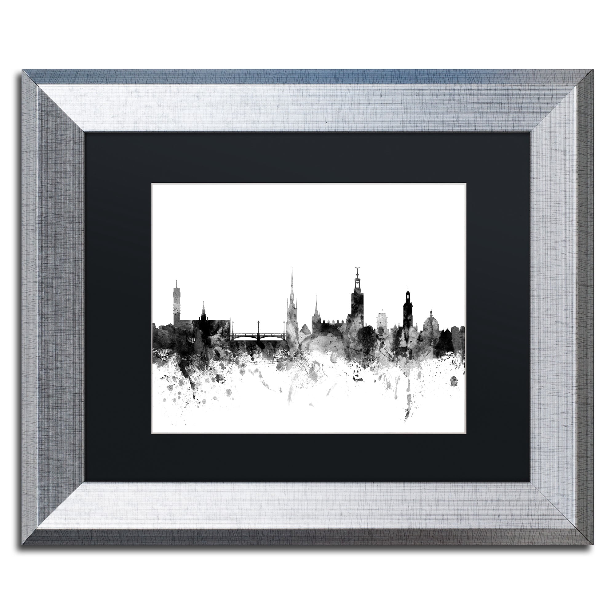 Trademark Fine Art "Stockholm Sweden Skyline B&W" Canvas Art by Michael Tompsett, Black Matte, Silver Frame